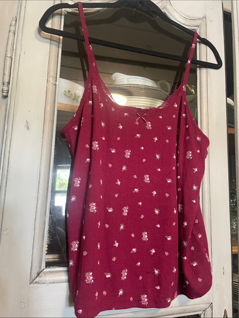New W/O Tags- wild fable Burgundy Floral Ribbed Lace-Trim Cami
